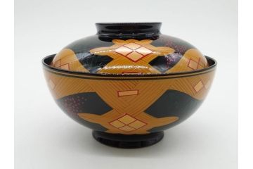 時代物　秀衡塗　木製　松竹梅　華麗な味わいのあるお椀5客セット(源氏雲、有職文様、花、植物、吸物椀、漆器、漆芸、金彩、和食器、蓋付き)(R-080766)