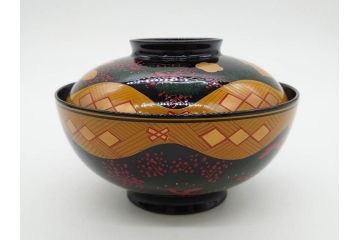 時代物　秀衡塗　木製　松竹梅　華麗な味わいのあるお椀5客セット(源氏雲、有職文様、花、植物、吸物椀、漆器、漆芸、金彩、和食器、蓋付き)(R-080766)