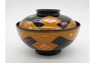 時代物　秀衡塗　木製　松竹梅　華麗な味わいのあるお椀5客セット(源氏雲、有職文様、花、植物、吸物椀、漆器、漆芸、金彩、和食器、蓋付き)(R-080766)