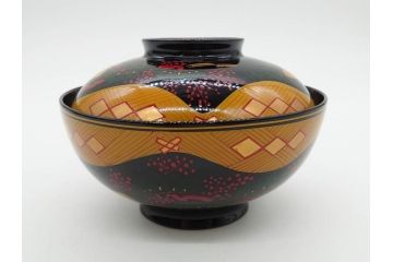 時代物　秀衡塗　木製　松竹梅　華麗な味わいのあるお椀5客セット(源氏雲、有職文様、花、植物、吸物椀、漆器、漆芸、金彩、和食器、蓋付き)(R-080766)