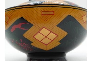 時代物　秀衡塗　木製　松竹梅　華麗な味わいのあるお椀5客セット(源氏雲、有職文様、花、植物、吸物椀、漆器、漆芸、金彩、和食器、蓋付き)(R-080766)