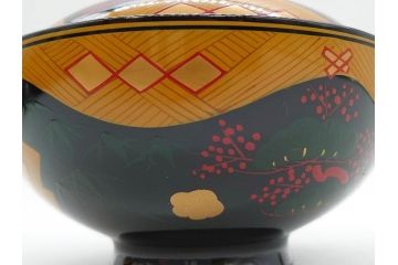 時代物　秀衡塗　木製　松竹梅　華麗な味わいのあるお椀5客セット(源氏雲、有職文様、花、植物、吸物椀、漆器、漆芸、金彩、和食器、蓋付き)(R-080766)