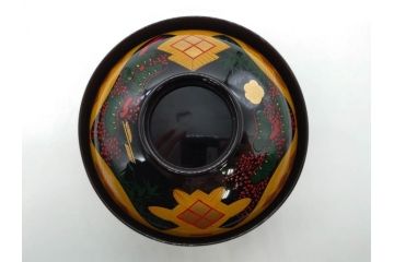 時代物　秀衡塗　木製　松竹梅　華麗な味わいのあるお椀5客セット(源氏雲、有職文様、花、植物、吸物椀、漆器、漆芸、金彩、和食器、蓋付き)(R-080766)