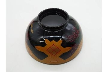 時代物　秀衡塗　木製　松竹梅　華麗な味わいのあるお椀5客セット(源氏雲、有職文様、花、植物、吸物椀、漆器、漆芸、金彩、和食器、蓋付き)(R-080766)