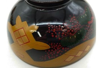 時代物　秀衡塗　木製　松竹梅　華麗な味わいのあるお椀5客セット(源氏雲、有職文様、花、植物、吸物椀、漆器、漆芸、金彩、和食器、蓋付き)(R-080766)