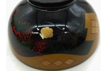 時代物　秀衡塗　木製　松竹梅　華麗な味わいのあるお椀5客セット(源氏雲、有職文様、花、植物、吸物椀、漆器、漆芸、金彩、和食器、蓋付き)(R-080766)