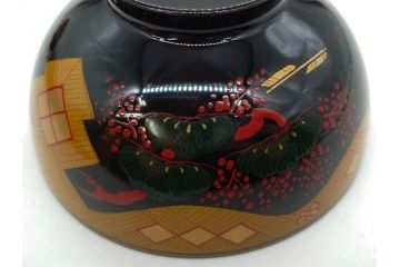 時代物　秀衡塗　木製　松竹梅　華麗な味わいのあるお椀5客セット(源氏雲、有職文様、花、植物、吸物椀、漆器、漆芸、金彩、和食器、蓋付き)(R-080766)