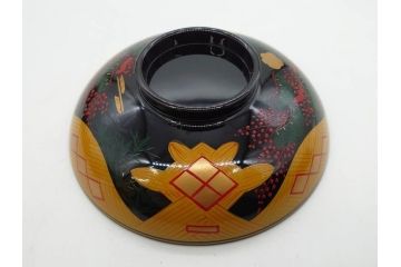 時代物　秀衡塗　木製　松竹梅　華麗な味わいのあるお椀5客セット(源氏雲、有職文様、花、植物、吸物椀、漆器、漆芸、金彩、和食器、蓋付き)(R-080766)