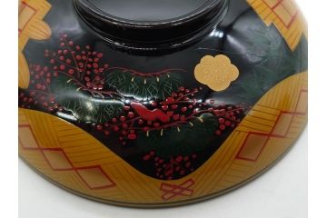 時代物　秀衡塗　木製　松竹梅　華麗な味わいのあるお椀5客セット(源氏雲、有職文様、花、植物、吸物椀、漆器、漆芸、金彩、和食器、蓋付き)(R-080766)
