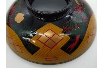 時代物　秀衡塗　木製　松竹梅　華麗な味わいのあるお椀5客セット(源氏雲、有職文様、花、植物、吸物椀、漆器、漆芸、金彩、和食器、蓋付き)(R-080766)
