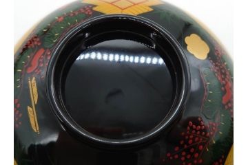 時代物　秀衡塗　木製　松竹梅　華麗な味わいのあるお椀5客セット(源氏雲、有職文様、花、植物、吸物椀、漆器、漆芸、金彩、和食器、蓋付き)(R-080766)
