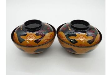 時代物　秀衡塗　木製　松竹梅　華麗な味わいのあるお椀5客セット(源氏雲、有職文様、花、植物、吸物椀、漆器、漆芸、金彩、和食器、蓋付き)(R-080766)