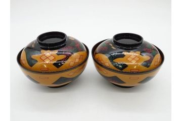 時代物　秀衡塗　木製　松竹梅　華麗な味わいのあるお椀5客セット(源氏雲、有職文様、花、植物、吸物椀、漆器、漆芸、金彩、和食器、蓋付き)(R-080766)