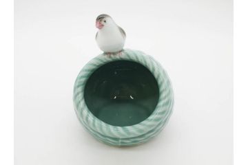 戦前　深川製磁　オールド深川　有田焼　陶器籠/金工　虫籠形真鍮製吊香炉の2点セット(鳥、小物入れ、仏具、茶道具、裏印、房付き)(R-080767)