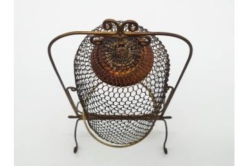 戦前　深川製磁　オールド深川　有田焼　陶器籠/金工　虫籠形真鍮製吊香炉の2点セット(鳥、小物入れ、仏具、茶道具、裏印、房付き)(R-080767)