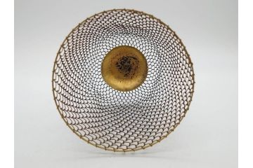 戦前　深川製磁　オールド深川　有田焼　陶器籠/金工　虫籠形真鍮製吊香炉の2点セット(鳥、小物入れ、仏具、茶道具、裏印、房付き)(R-080767)