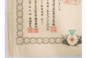 大正4・8・9年　昭和3年　勲三等　四等　五等　瑞宝章　勲六等　単光旭日章　勲記4枚セット(賞状、証書、丸筒付き)(R-080769)