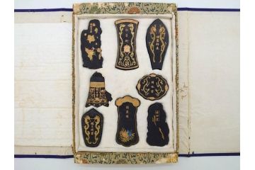 嘉慶年製　御園図古墨　書道具　唐物　中国　総重量 約440g　優美なデザインの墨8点セット(楼閣、風景、龍、竜、魚、虎、トラ、樹木、固形墨、習字道具、水墨)(R-080770)