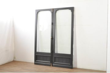 中古　特注品　楢(ナラ)材　グレモン錠付き特大の店舗用ドア1対2枚セット (両開きドア、ガラス扉、玄関ドア、建具)(製作費約120万円)(R-080784)