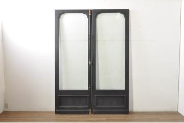 中古　特注品　楢(ナラ)材　グレモン錠付き特大の店舗用ドア1対2枚セット (両開きドア、ガラス扉、玄関ドア、建具)(製作費約120万円)(R-080784)