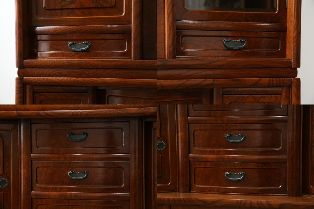 中古　美品　欅(ケヤキ)材　美しい木目と梅の彫刻が目を引く八尺サイズの茶箪笥　定価約120万円　(R-080790)