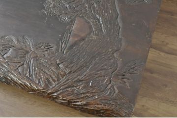 和製ビンテージ　日光彫り　なかむら好一作(中村好一)　一枚板　咲き誇る梅の彫刻が見事な座卓(ローテーブル、リビングテーブル、センターテーブル、ヴィンテージ)(R-080816)