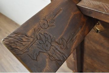 和製ビンテージ　日光彫り　なかむら好一作(中村好一)　一枚板　咲き誇る梅の彫刻が見事な座卓(ローテーブル、リビングテーブル、センターテーブル、ヴィンテージ)(R-080816)
