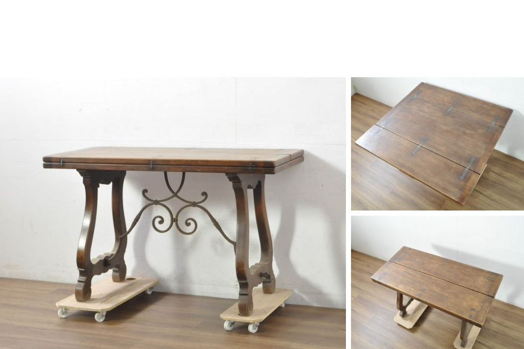 フランスアンティーク　希少!!　バーチ材　ロートアイアンと天板のヒンジ金具が素敵なバタフライテーブル　(R-080825)