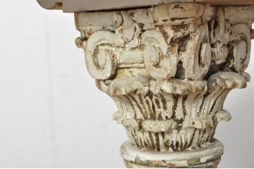 フランスアンティーク　天板大理石　ギリシャ神殿のような彫刻が目を引くシャビーなダイニングテーブル(4人掛け、6人掛け、作業台)(R-080832)