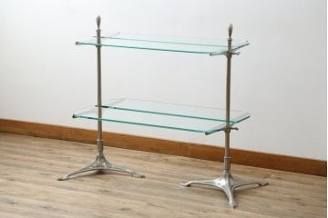 フランスアンティーク　店舗什器におすすめ!真鍮(しんちゅう)フレーム　両面使いできるシンプルな佇まいの飾り棚(ガラス棚、陳列棚、展示台、シェルフ、ディスプレイラック、オープンラック)(R-080857)