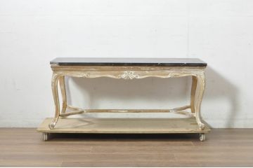 フランスアンティーク　ペイント　天板大理石　猫脚が優雅で可愛らしい彫刻入りのローテーブル(センターテーブル、サイドテーブル、リビングテーブル)(R-080869)