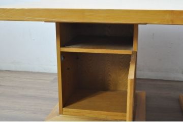 中古　ブランド家具　特注　オーダー品　天板極厚　タモ材　無垢　ナチュラルカラーが素敵な収納付きの特大テーブル(ダイニングテーブル、4人掛け、6人掛け、作業台、食卓、店舗什器)(R-080871)
