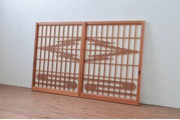 ビンテージ建具　和の空間を高める凝った作りの障子戸窓2枚セット(引き戸、ヴィンテージ)(R-080877)