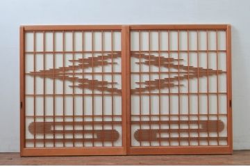 ビンテージ建具　和の空間を高める凝った作りの障子戸窓2枚セット(引き戸、ヴィンテージ)(R-080877)