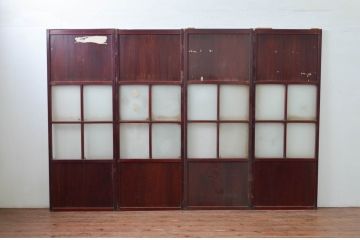 アンティーク建具　両面漆塗りの高級品!!　和モダンな空間づくりにおすすめな幅狭ガラス帯戸4枚セット(引き戸、ガラス戸)(R-080884)