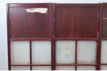 アンティーク建具　両面漆塗りの高級品!!　和モダンな空間づくりにおすすめな幅狭ガラス帯戸4枚セット(引き戸、ガラス戸)(R-080884)