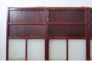 アンティーク建具　両面漆塗りの高級品!!　和モダンな空間づくりにおすすめな幅狭ガラス帯戸4枚セット(引き戸、ガラス戸)(R-080884)