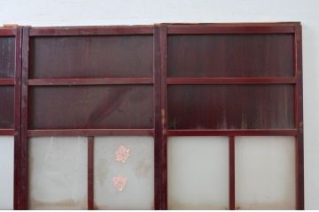アンティーク建具　両面漆塗りの高級品!!　和モダンな空間づくりにおすすめな幅狭ガラス帯戸4枚セット(引き戸、ガラス戸)(R-080884)