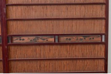 アンティーク建具　漆塗り框　黒柿透かし彫り入りの高級な幅広夏戸2枚セット(引き戸、簾戸、簀戸、葭戸、夏障子、御簾戸、すど)(R-080885)