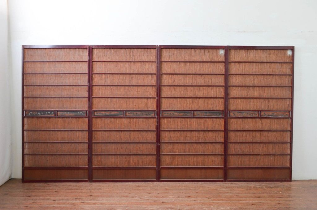 アンティーク建具 漆塗り框 黒柿透かし彫り入りの高級な夏戸4枚セット(引き戸、簾戸、簀戸、葭戸、夏障子、御簾戸、すど)(R-080886)