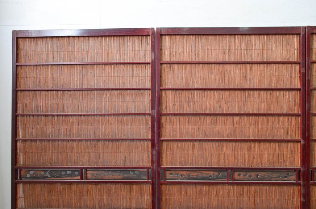 アンティーク建具 漆塗り框 黒柿透かし彫り入りの高級な夏戸4枚セット(引き戸、簾戸、簀戸、葭戸、夏障子、御簾戸、すど)(R-080886)