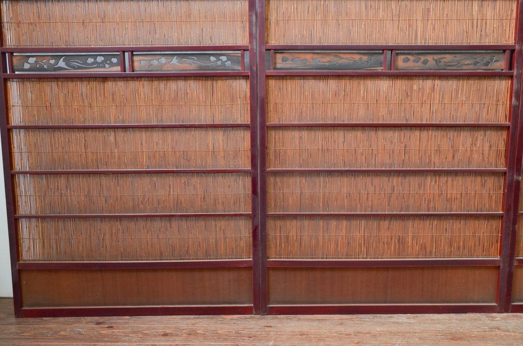 アンティーク建具 漆塗り框 黒柿透かし彫り入りの高級な夏戸4枚セット(引き戸、簾戸、簀戸、葭戸、夏障子、御簾戸、すど)(R-080886)