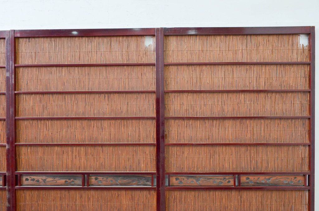 アンティーク建具 漆塗り框 黒柿透かし彫り入りの高級な夏戸4枚セット(引き戸、簾戸、簀戸、葭戸、夏障子、御簾戸、すど)(R-080886)