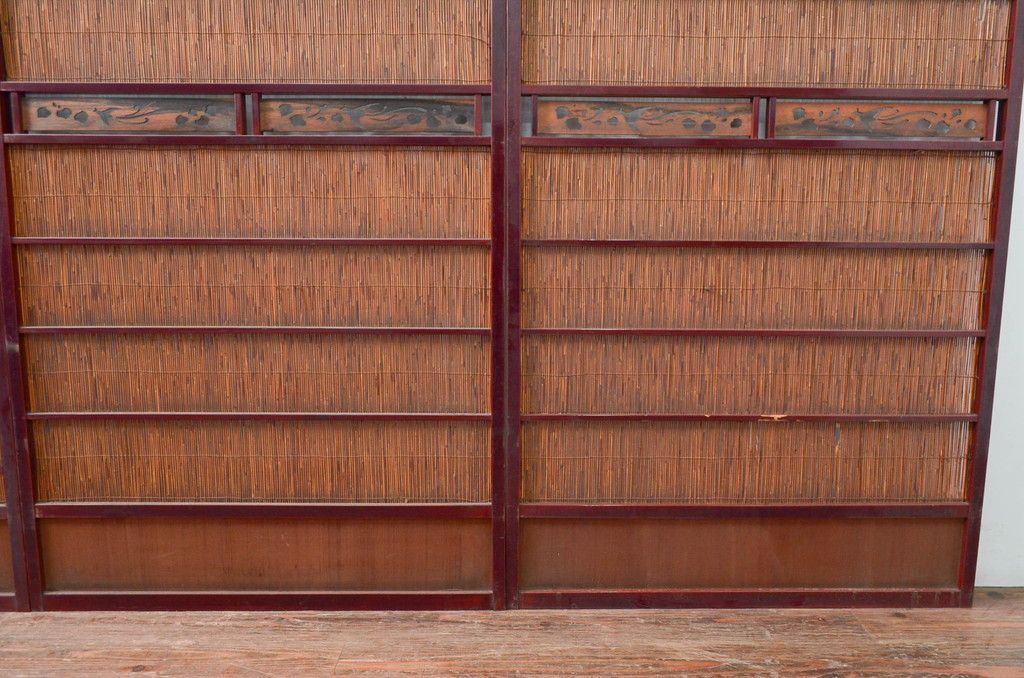 アンティーク建具 漆塗り框 黒柿透かし彫り入りの高級な夏戸4枚セット(引き戸、簾戸、簀戸、葭戸、夏障子、御簾戸、すど)(R-080886)