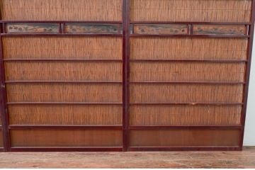 アンティーク建具 漆塗り框 黒柿透かし彫り入りの高級な夏戸4枚セット(引き戸、簾戸、簀戸、葭戸、夏障子、御簾戸、すど)(R-080886)