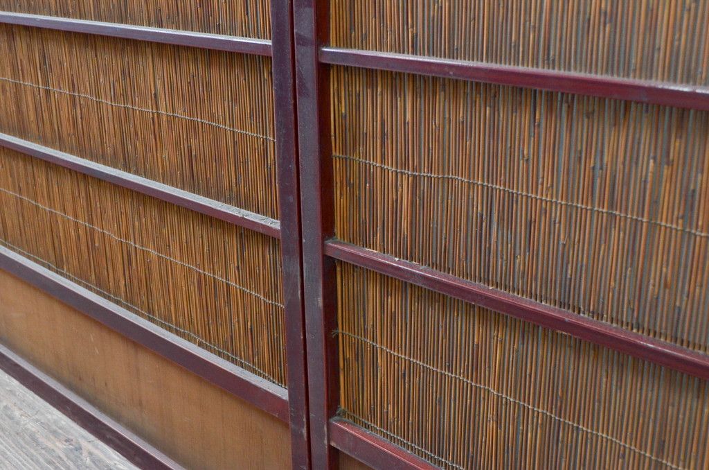 アンティーク建具 漆塗り框 黒柿透かし彫り入りの高級な夏戸4枚セット(引き戸、簾戸、簀戸、葭戸、夏障子、御簾戸、すど)(R-080886)