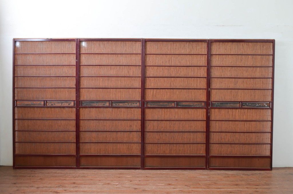 アンティーク建具 漆塗り框 黒柿透かし彫り入りの高級な夏戸4枚セット(引き戸、簾戸、簀戸、葭戸、夏障子、御簾戸、すど)(R-080886)