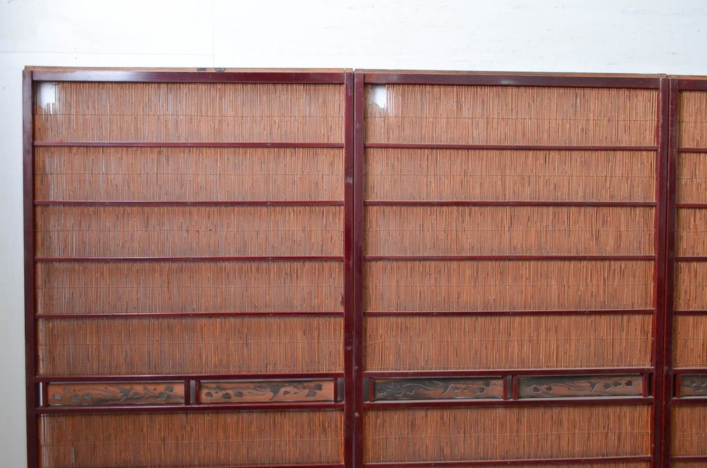 アンティーク建具 漆塗り框 黒柿透かし彫り入りの高級な夏戸4枚セット(引き戸、簾戸、簀戸、葭戸、夏障子、御簾戸、すど)(R-080886)