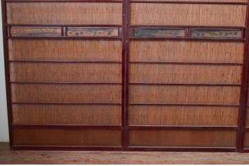 アンティーク建具 漆塗り框 黒柿透かし彫り入りの高級な夏戸4枚セット(引き戸、簾戸、簀戸、葭戸、夏障子、御簾戸、すど)(R-080886)