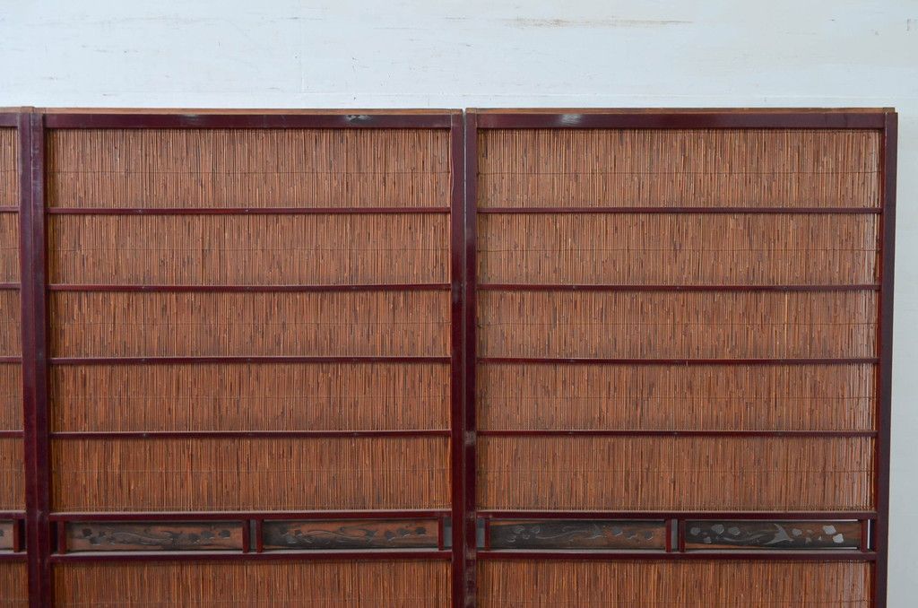 アンティーク建具 漆塗り框 黒柿透かし彫り入りの高級な夏戸4枚セット(引き戸、簾戸、簀戸、葭戸、夏障子、御簾戸、すど)(R-080886)